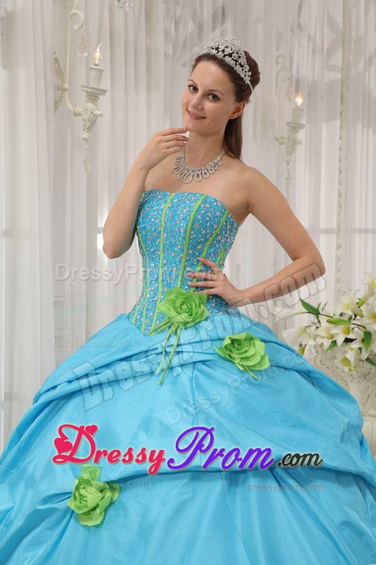 Strapless Hand Made Flowers Beading Baby Blue Taffeta Dresses For a Quince