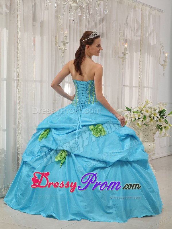 Strapless Hand Made Flowers Beading Baby Blue Taffeta Dresses For a Quince