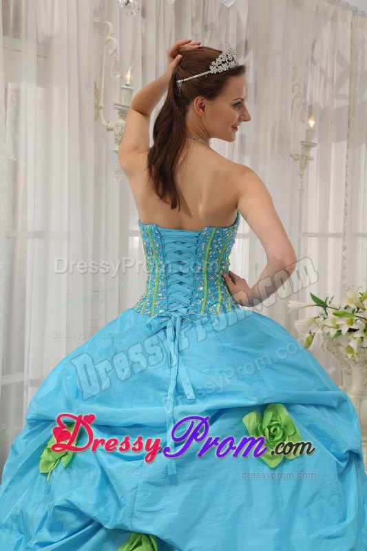 Strapless Hand Made Flowers Beading Baby Blue Taffeta Dresses For a Quince