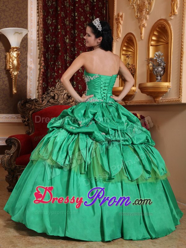 Appliques Strapless Pick Ups Taffeta Ruched Spring Green Quinceaneras Dress