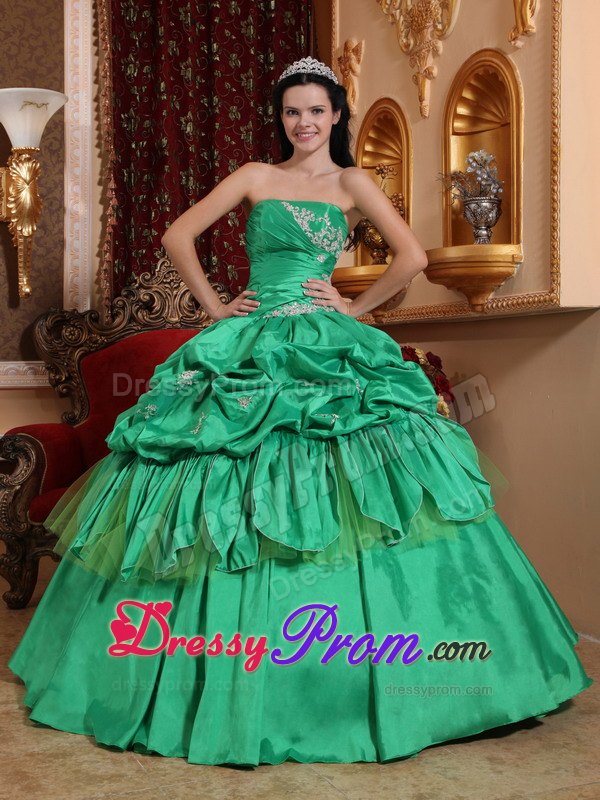 Appliques Strapless Pick Ups Taffeta Ruched Spring Green Quinceaneras Dress