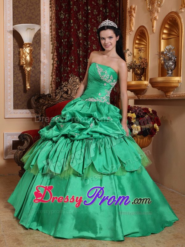 Appliques Strapless Pick Ups Taffeta Ruched Spring Green Quinceaneras Dress
