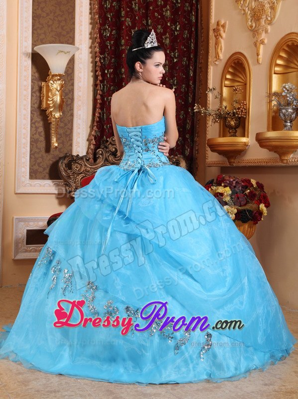 Ruched Bust Sweetheart Beading Aqua Blue Layered Organza Quince Dresses