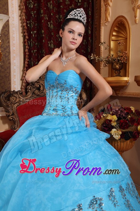 Ruched Bust Sweetheart Beading Aqua Blue Layered Organza Quince Dresses