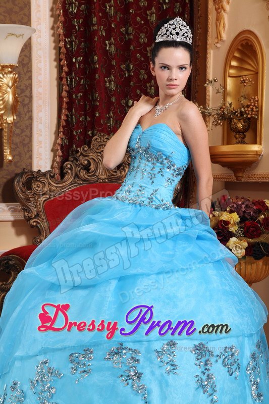 Ruched Bust Sweetheart Beading Aqua Blue Layered Organza Quince Dresses