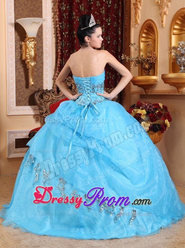 Ruched Bust Sweetheart Beading Aqua Blue Layered Organza Quince Dresses