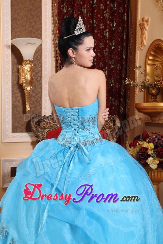 Ruched Bust Sweetheart Beading Aqua Blue Layered Organza Quince Dresses