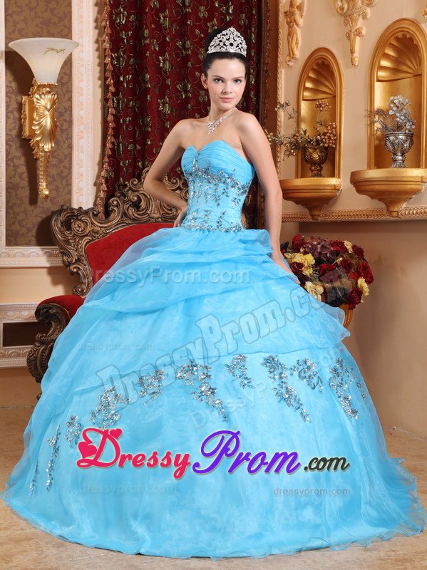 Ruched Bust Sweetheart Beading Aqua Blue Layered Organza Quince Dresses