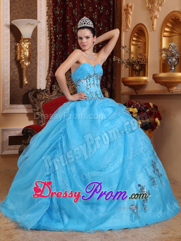 Ruched Bust Sweetheart Beading Aqua Blue Layered Organza Quince Dresses