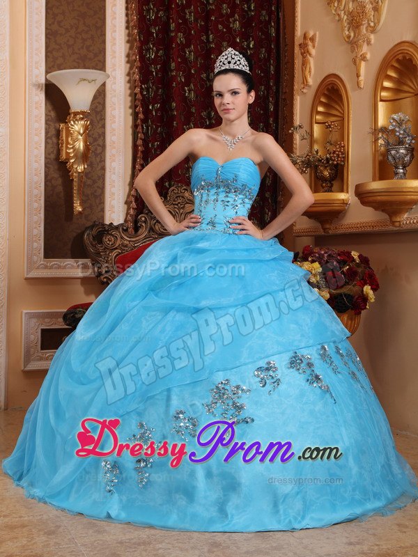 Ruched Bust Sweetheart Beading Aqua Blue Layered Organza Quince Dresses
