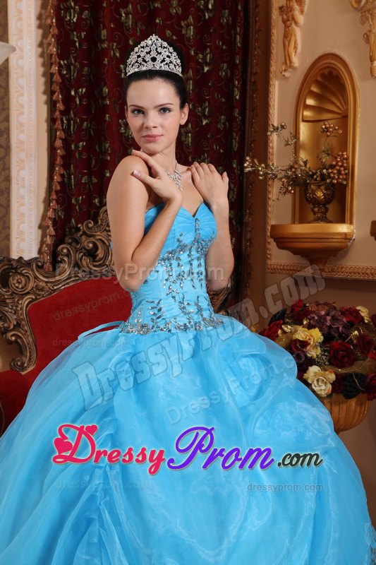 Ruched Bust Sweetheart Beading Aqua Blue Layered Organza Quince Dresses