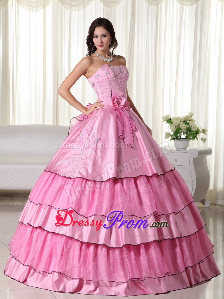 Layers Beading Strapless Handmade Flowers Rose Pink Quinceanera Dresses