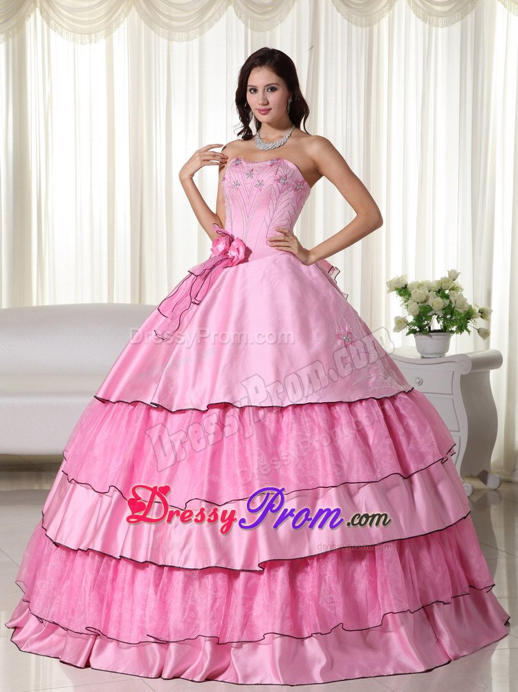 Layers Beading Strapless Handmade Flowers Rose Pink Quinceanera Dresses