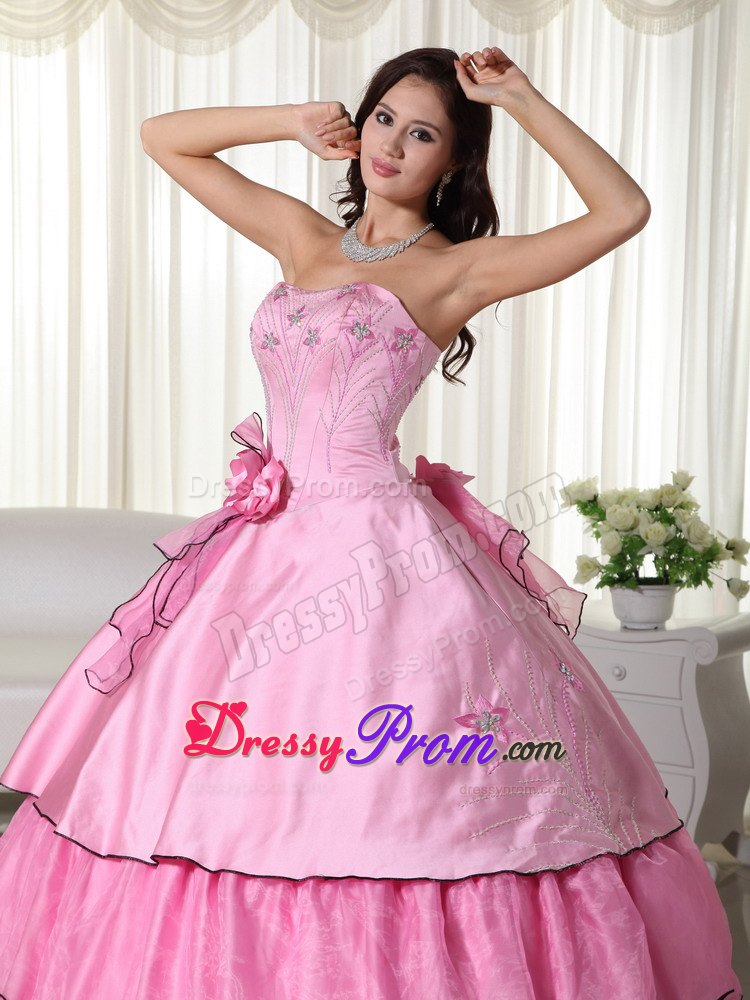 Layers Beading Strapless Handmade Flowers Rose Pink Quinceanera Dresses