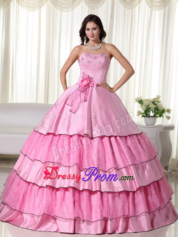 Layers Beading Strapless Handmade Flowers Rose Pink Quinceanera Dresses