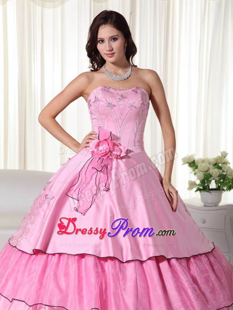 Layers Beading Strapless Handmade Flowers Rose Pink Quinceanera Dresses
