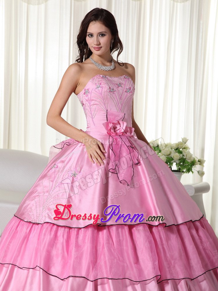 Layers Beading Strapless Handmade Flowers Rose Pink Quinceanera Dresses