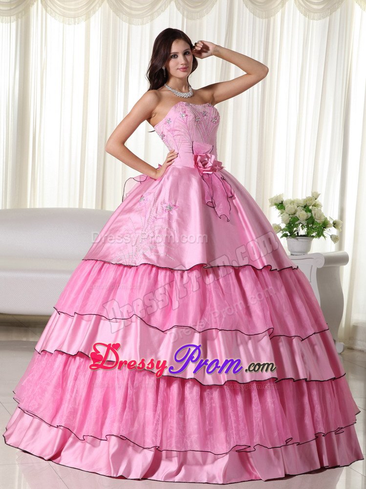 Layers Beading Strapless Handmade Flowers Rose Pink Quinceanera Dresses
