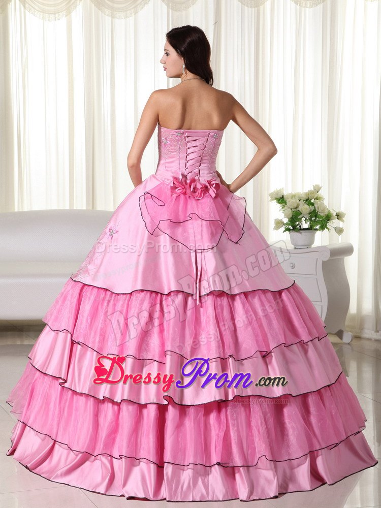 Layers Beading Strapless Handmade Flowers Rose Pink Quinceanera Dresses