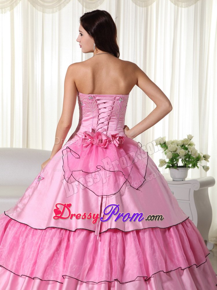 Layers Beading Strapless Handmade Flowers Rose Pink Quinceanera Dresses