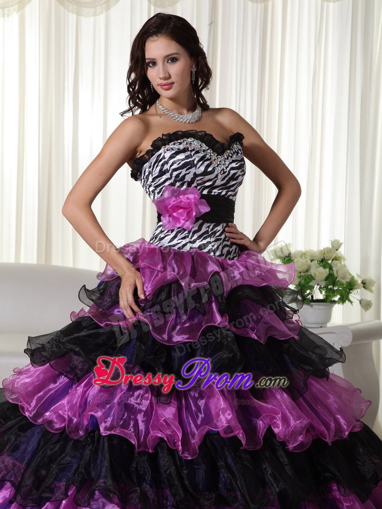 Handmade Flowers Sweetheart Beading Layered Leopard Quinceanera Dress