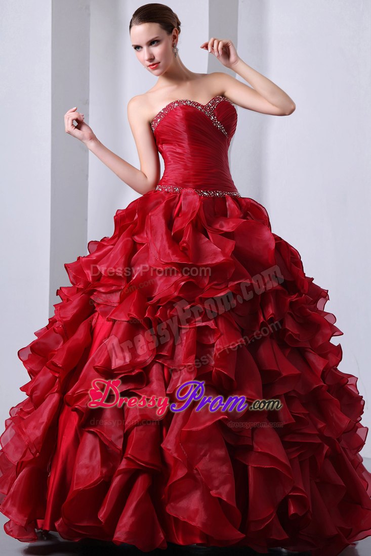 Sweetheart Beading and Ruffles Red Organza Ruched Quinceanera Gowns