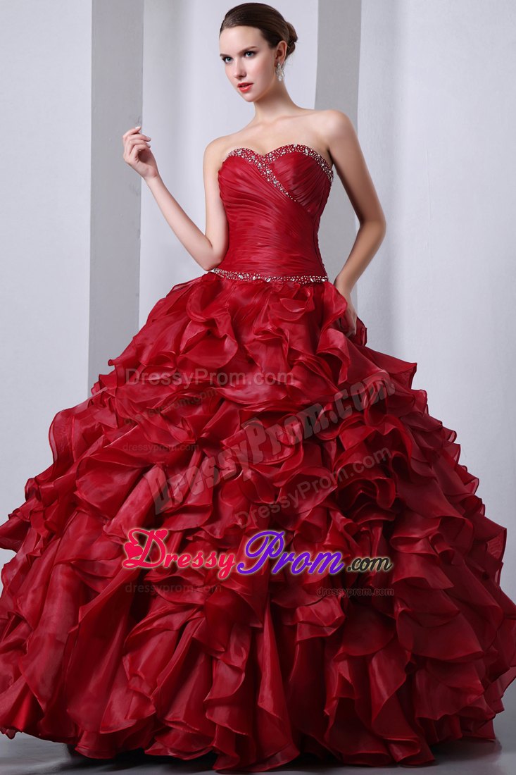 Sweetheart Beading and Ruffles Red Organza Ruched Quinceanera Gowns
