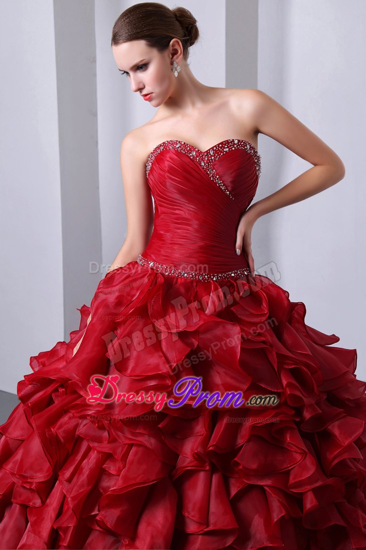 Sweetheart Beading and Ruffles Red Organza Ruched Quinceanera Gowns