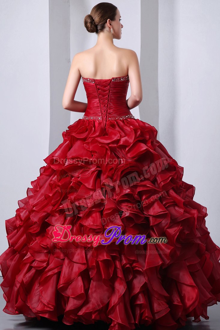 Sweetheart Beading and Ruffles Red Organza Ruched Quinceanera Gowns