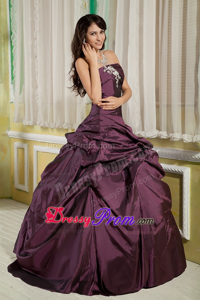 Strapless Appliques Taffeta Floor-length Pick-ups Dark Purple Sweet 15 Dress