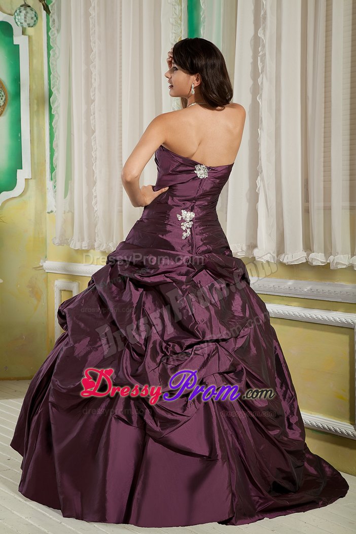 Strapless Appliques Taffeta Floor-length Pick-ups Dark Purple Sweet 15 Dress