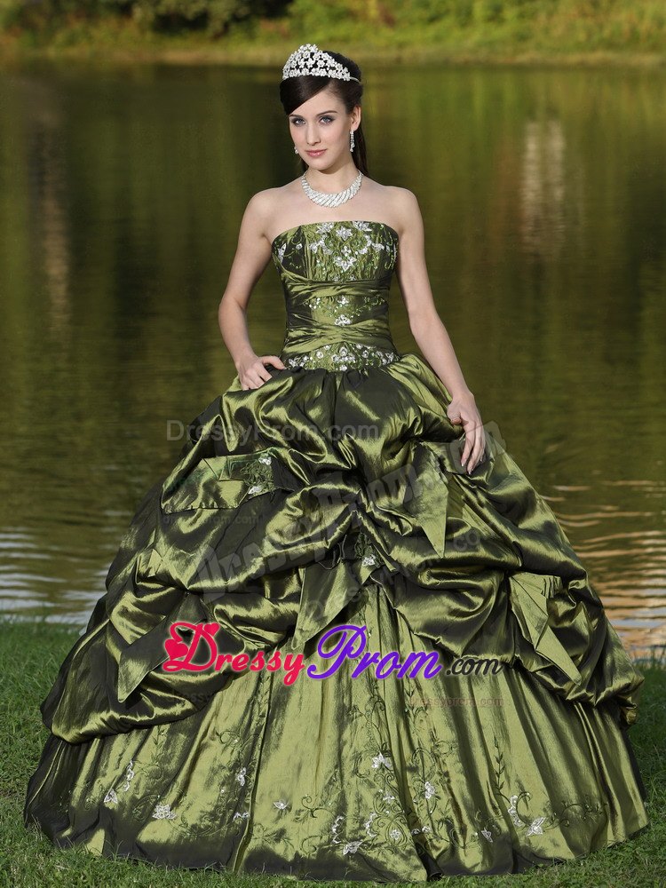 Olive Green Ruched Strapless Appliques Pick Ups Dresses For a Quinceanera