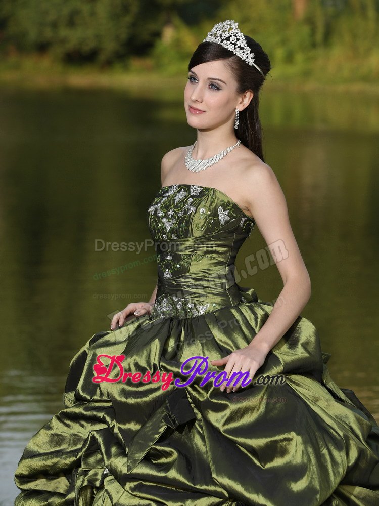 Olive Green Ruched Strapless Appliques Pick Ups Dresses For a Quinceanera