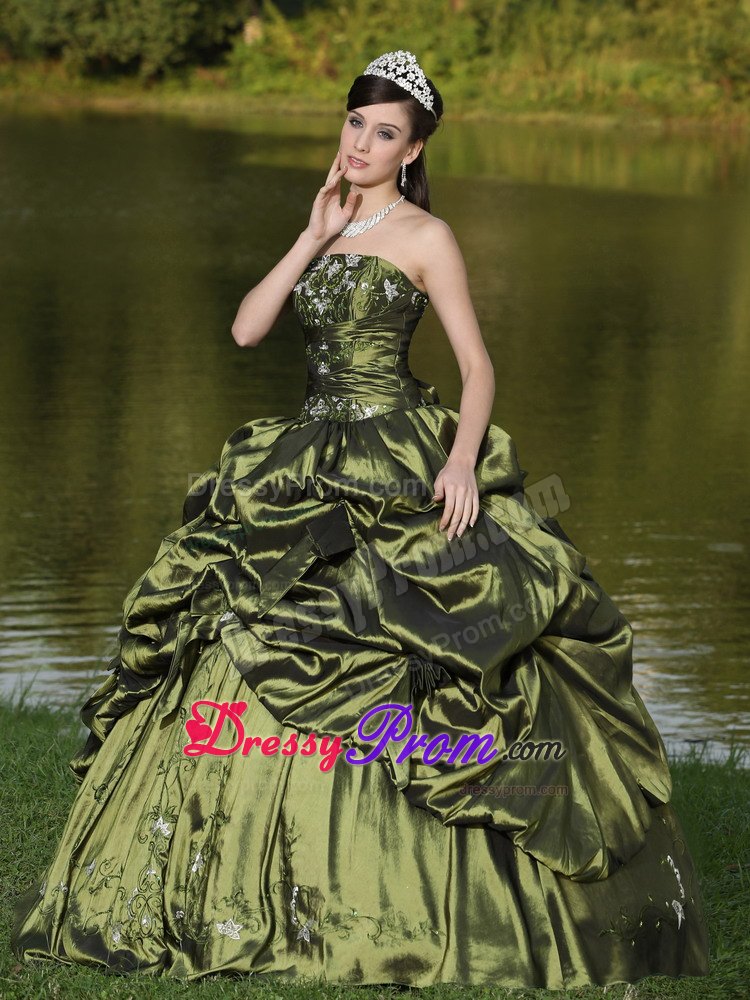 Olive Green Ruched Strapless Appliques Pick Ups Dresses For a Quinceanera