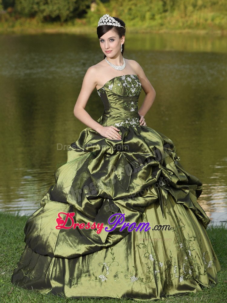 Olive Green Ruched Strapless Appliques Pick Ups Dresses For a Quinceanera