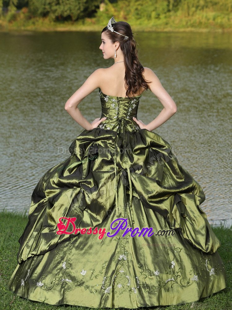Olive Green Ruched Strapless Appliques Pick Ups Dresses For a Quinceanera