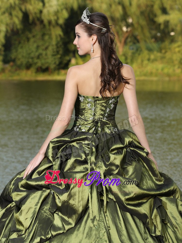 Olive Green Ruched Strapless Appliques Pick Ups Dresses For a Quinceanera