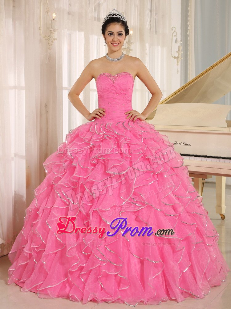 Beaded Ruffles Rose Pink Ruched Lace Up Back Quinceanera Gown Dress