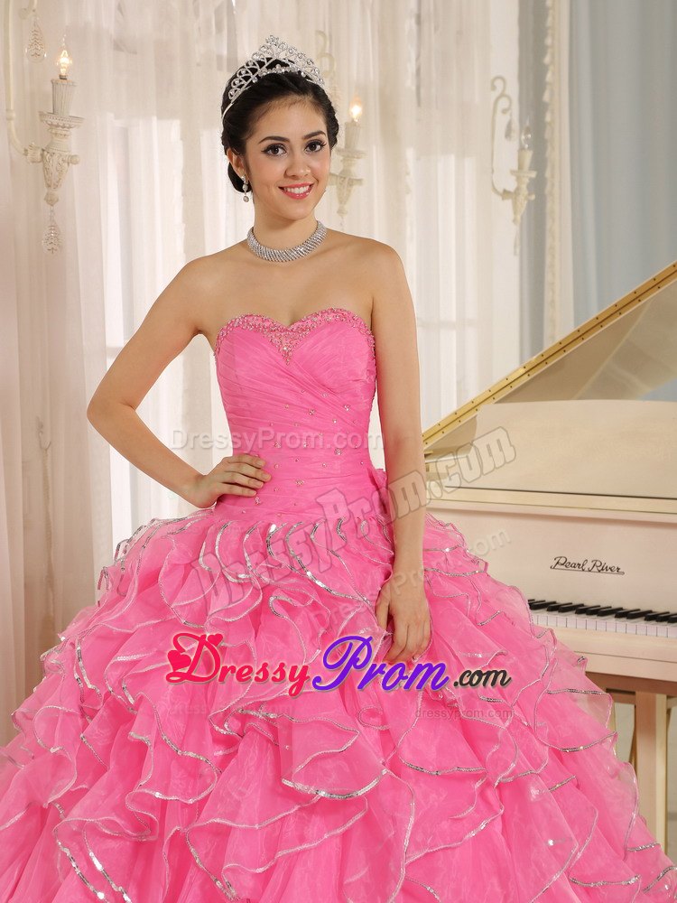 Beaded Ruffles Rose Pink Ruched Lace Up Back Quinceanera Gown Dress