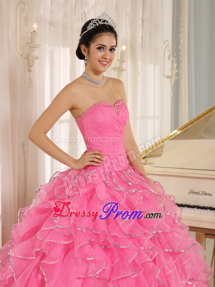 Beaded Ruffles Rose Pink Ruched Lace Up Back Quinceanera Gown Dress
