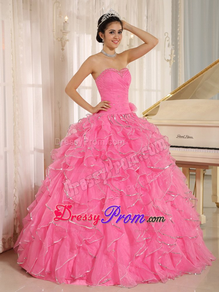 Beaded Ruffles Rose Pink Ruched Lace Up Back Quinceanera Gown Dress