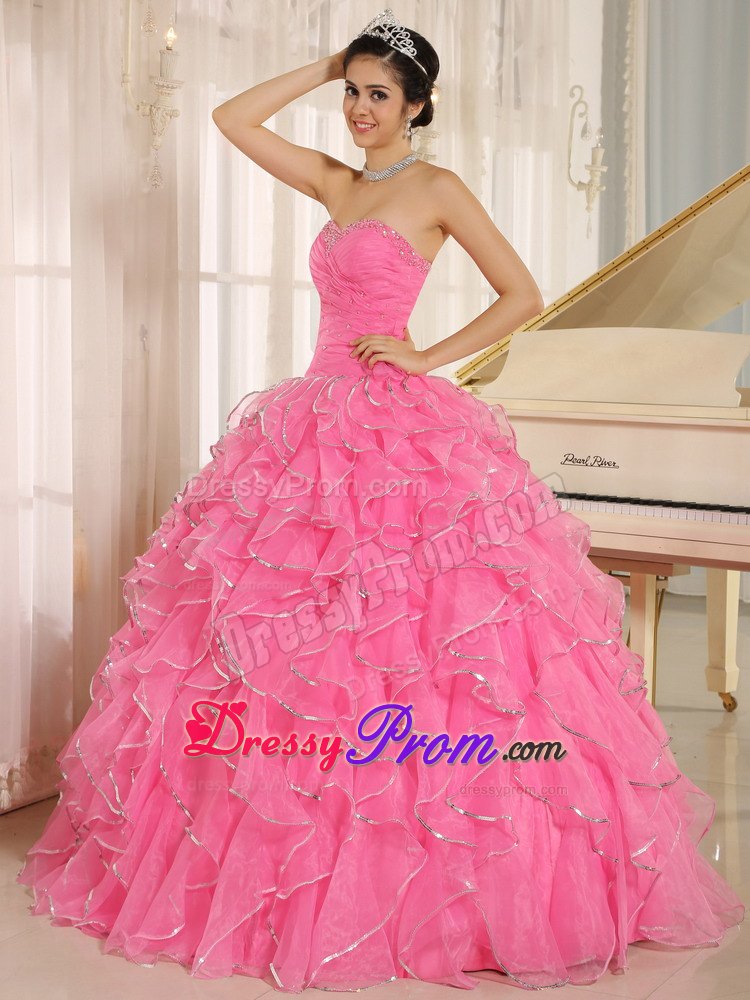 Beaded Ruffles Rose Pink Ruched Lace Up Back Quinceanera Gown Dress