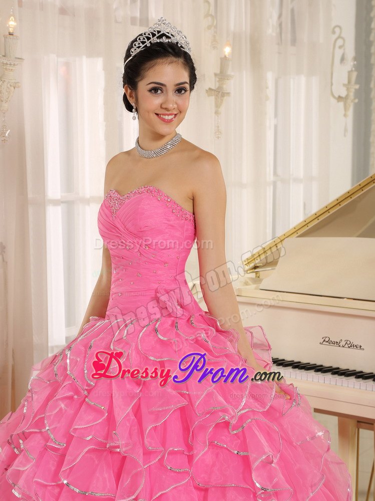 Beaded Ruffles Rose Pink Ruched Lace Up Back Quinceanera Gown Dress