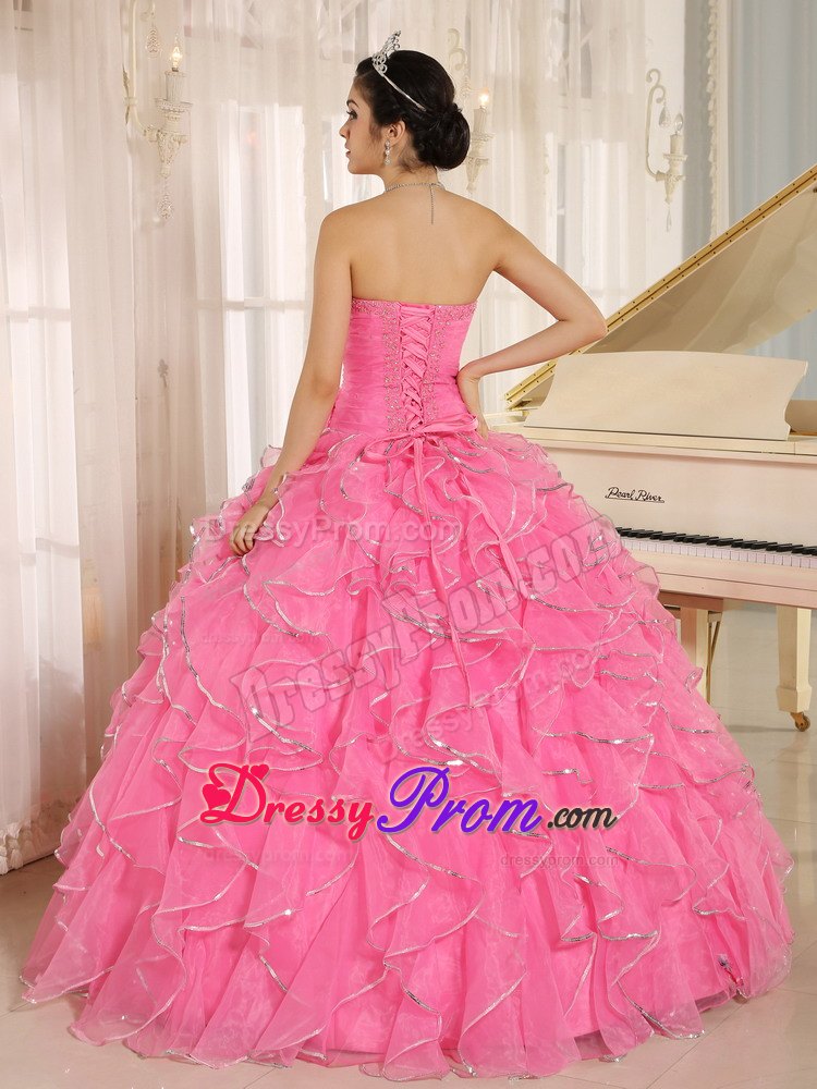 Beaded Ruffles Rose Pink Ruched Lace Up Back Quinceanera Gown Dress