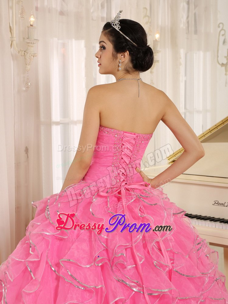 Beaded Ruffles Rose Pink Ruched Lace Up Back Quinceanera Gown Dress
