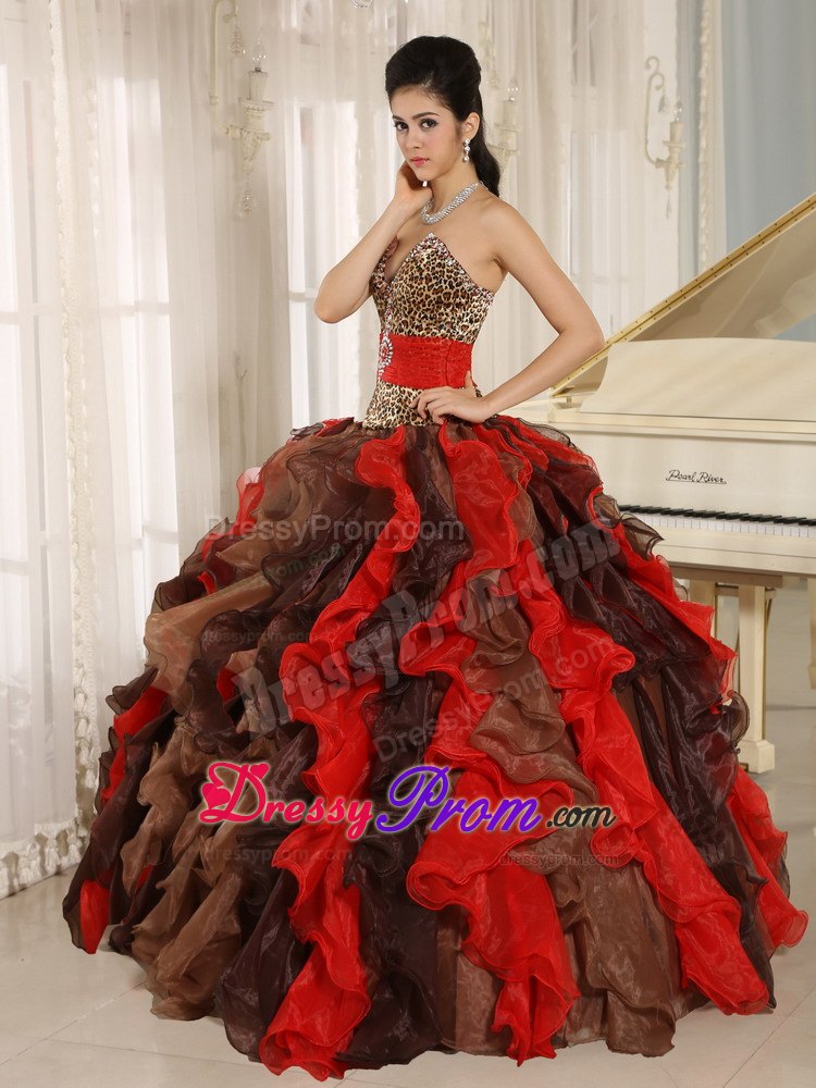 V-neck Beading Multi-color Quinceanera Dress with Ruffles and Leopard Print