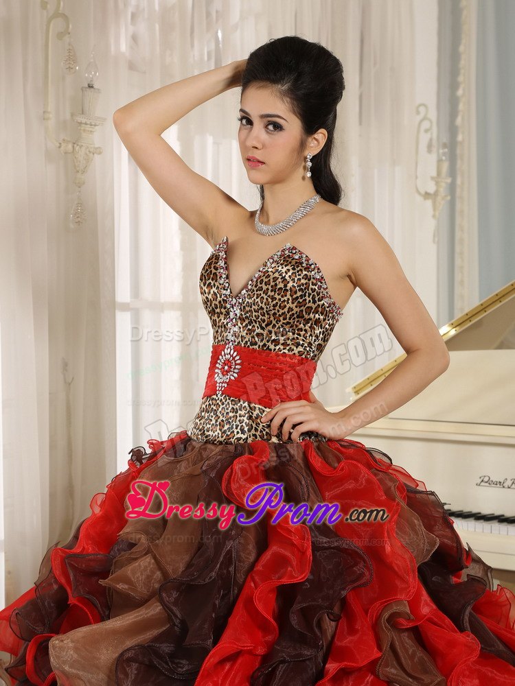 V-neck Beading Multi-color Quinceanera Dress with Ruffles and Leopard Print