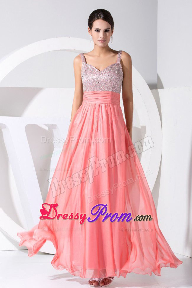 Beading Bodice and Straps Prom Dress in Watermelon Red with Sash