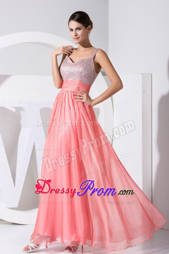 Beading Bodice and Straps Prom Dress in Watermelon Red with Sash