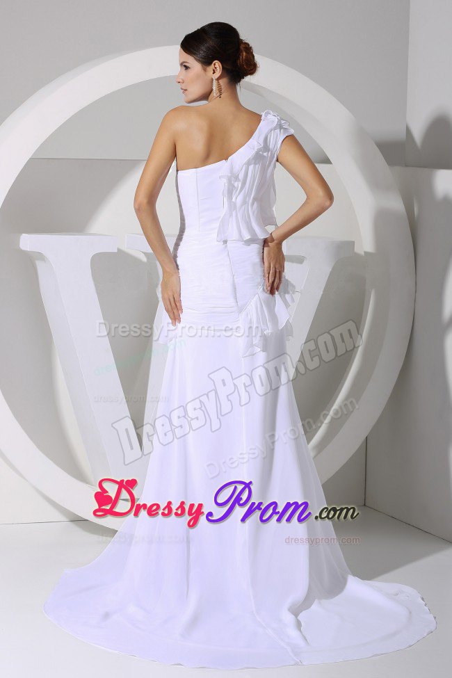 High-low White Chiffon Brush Prom Dress One Shoulder Style